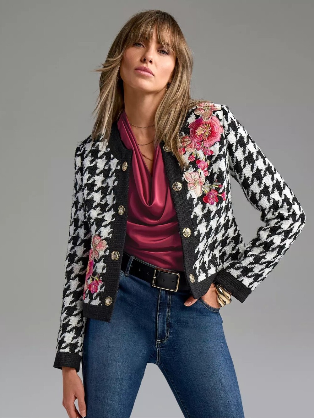 Boston Proper Black & White Houndstooth Jacket with Pink Floral Embroidery